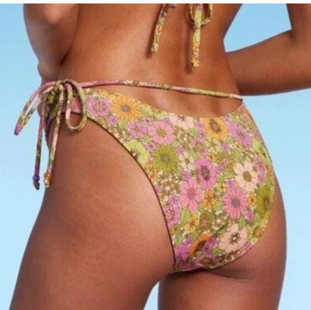 Women's Beaded Strap Triangle Bikini Bottom Wild Fable Pink Floral XL(16) - Picture 2 of 11